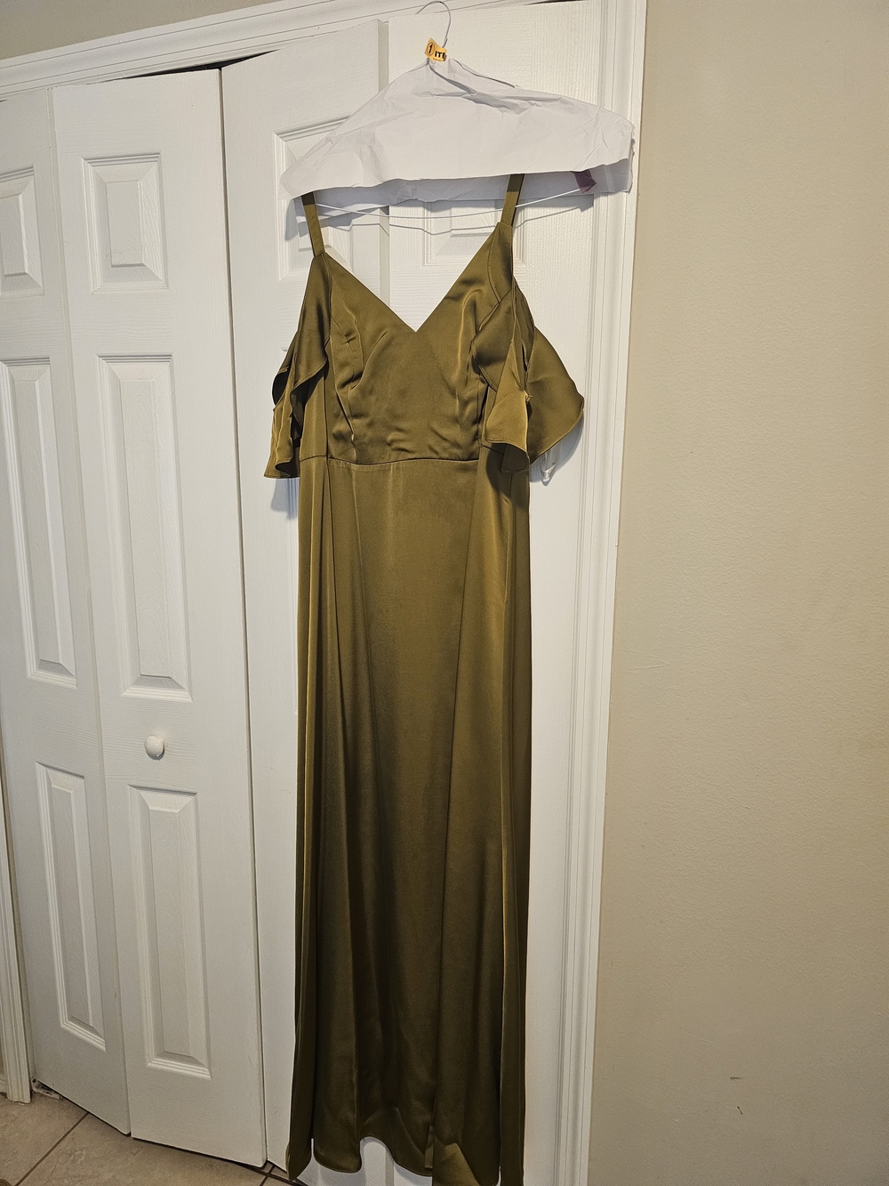 Azazie Olive Cold-Shoulder Satin Maxi Dress